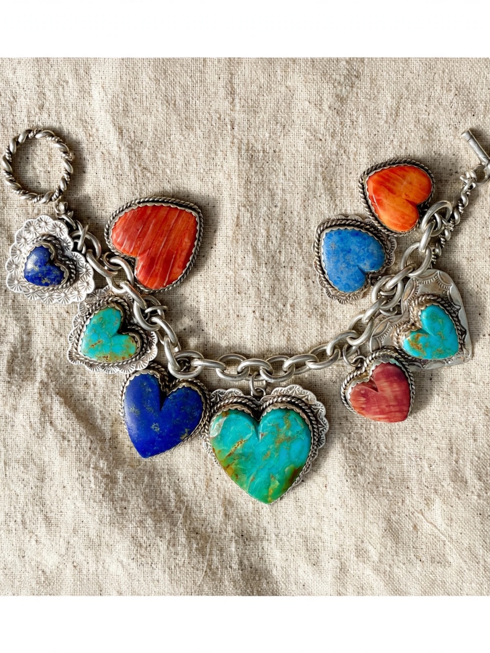 Sterling Heart Charm Bracelet with Turquoise, Lapis and Coral Hearts
